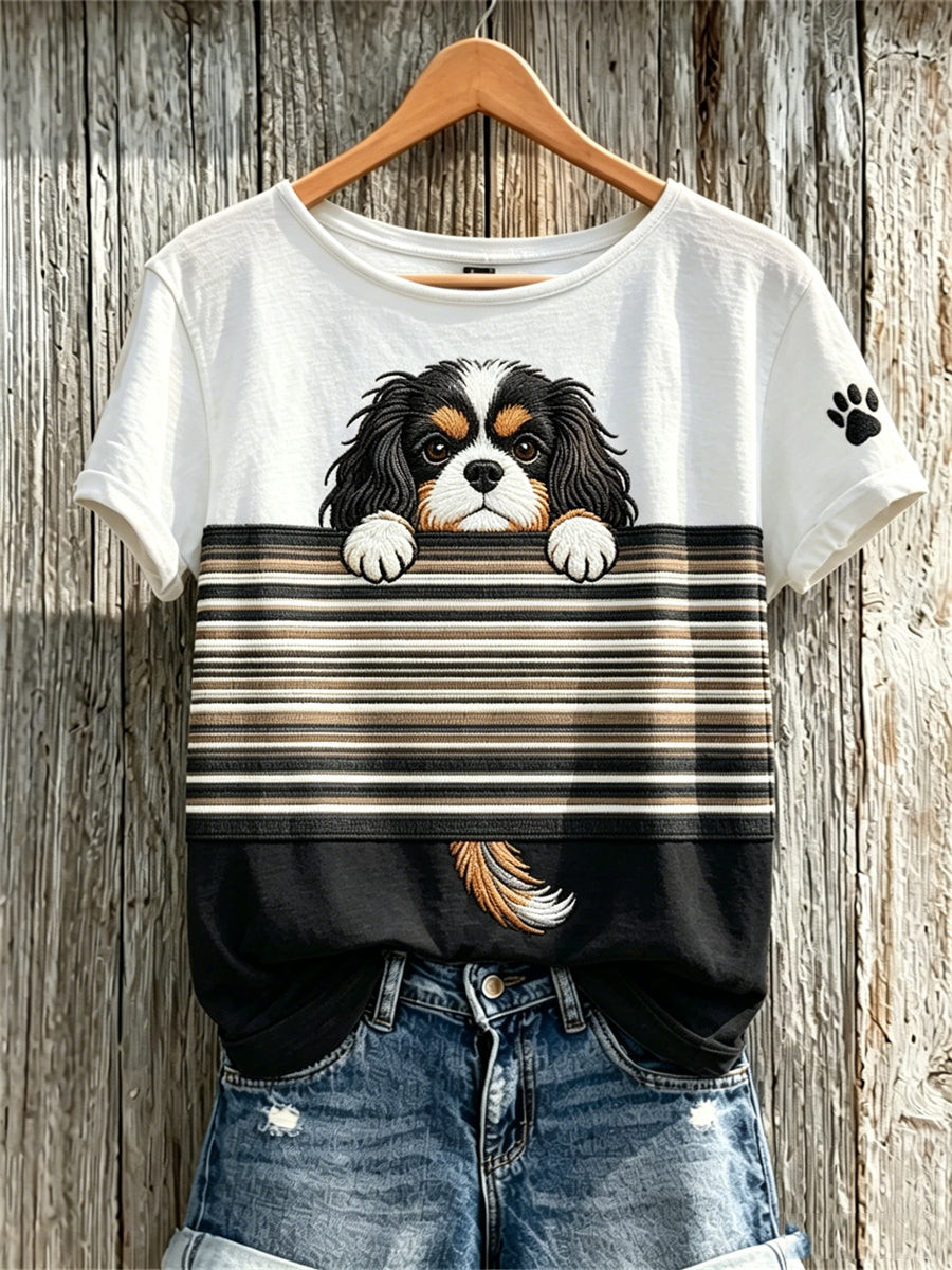 Peeking Cavalier King Charles Paw Striped Colorblock T-Shirt Best Gift Dog Lover - GWH