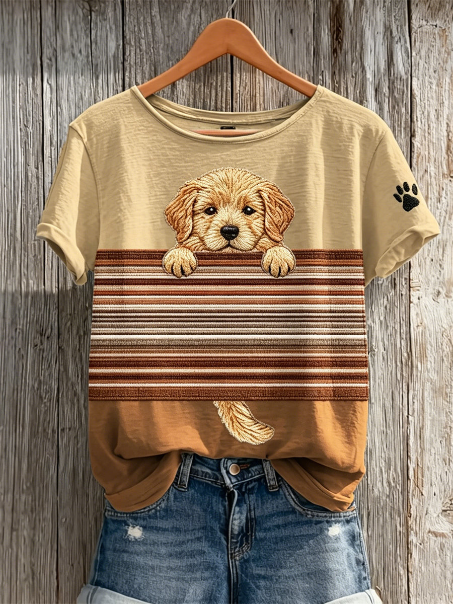 Peeking Cute Golden Retriever Striped Colorblock T-shirt Gift For Dog Lover - GWH