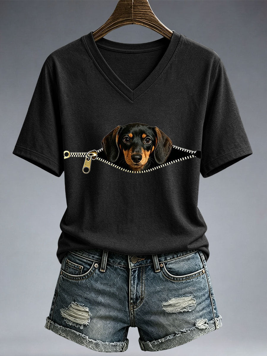 Peeking Dachshund Merch V-Neck T-Shirt Funny Pet Clothing Gift For Mom - GWH