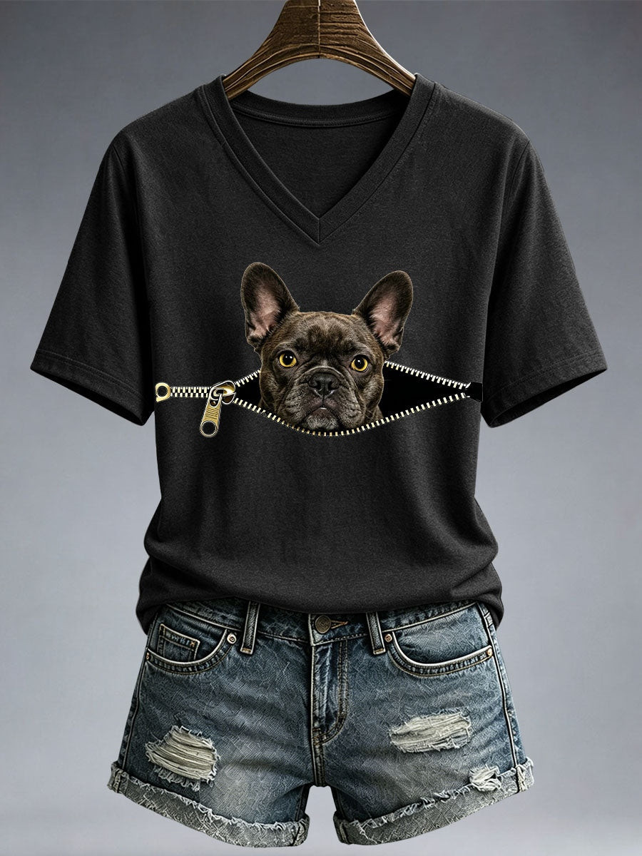 Peeking French Bulldog Merch V-Neck T-Shirt Retro Dog Apparel Gift For Wife - GWH