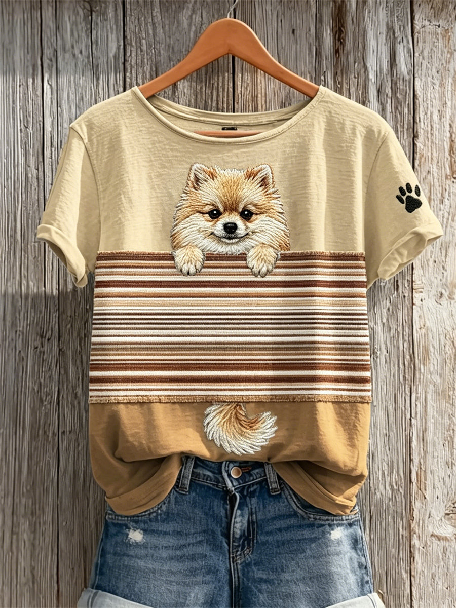 Peeking Pomeranian Dog Striped Colorblock T-Shirt Dog Lover Gift - GWH