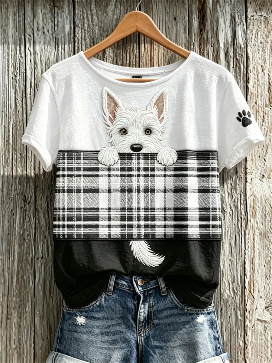 Peeking Scottish Terrier Dog Plaid Colorblock T-Shirt Gift For Dog Lover - GWH