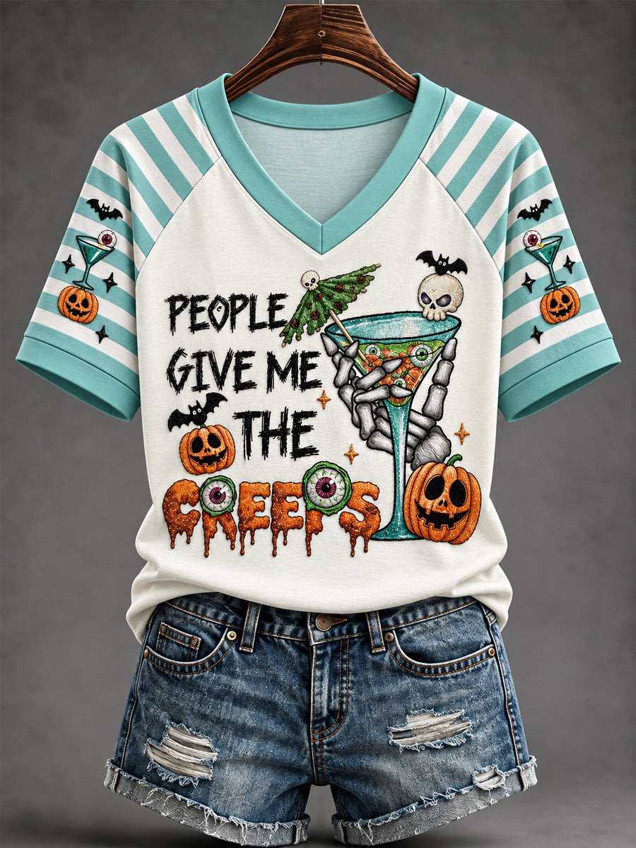 People Give Me The Creeps Wine Glass V-Neck Shirt Funny Halloween Clothing Perfect Outfits Ideas - Gwh