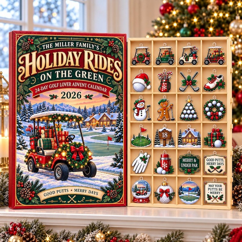 Personalized Family Holiday Rides On The Green Advent Calendar 2026 Christmas Gifts For Golfers - GWH