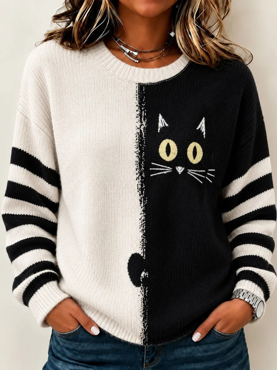 Pet Lover Merch Sweater Black Cute Cat Face Black White Striped Apparel Gifts For Pet Lovers - GWH
