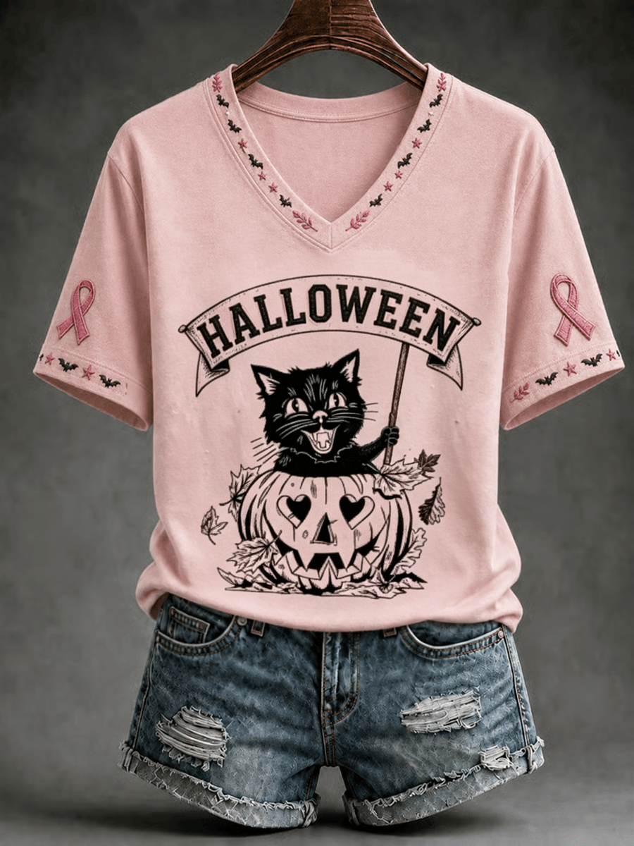 Pink Halloween Black Cat V-Neck Shirt Cute Witchy Kitten Pink Ribbon Clothes Gifts For Bestie - Gwh