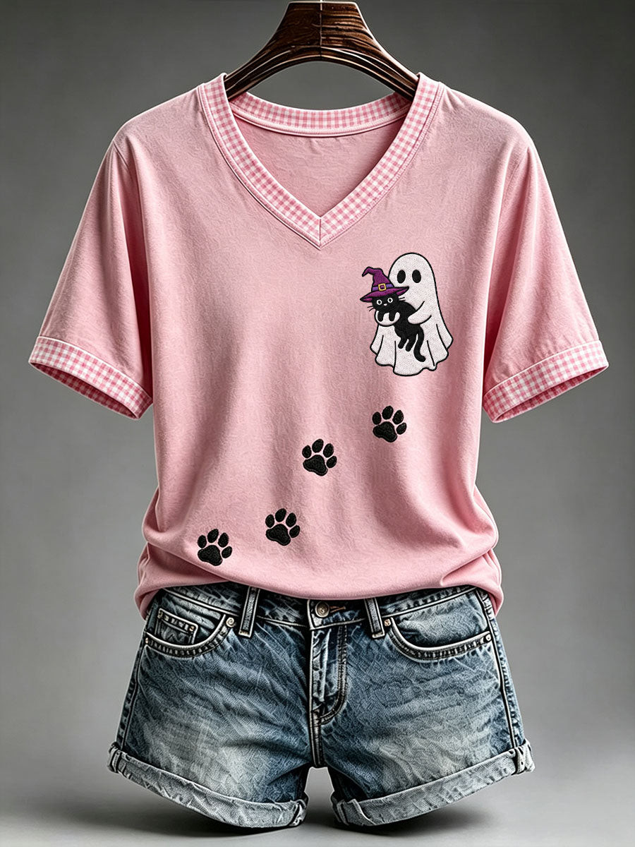 Pink Halloween Cat V-Neck Shirt Spooky Season Clothing Gift For Best Friends - Gwh