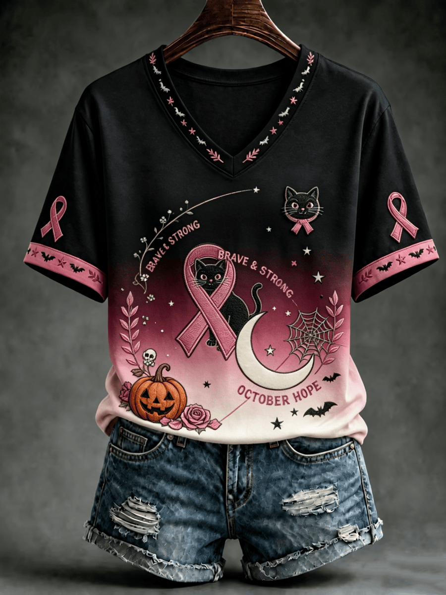 Pink Ribbon Breast Cancer Awareness V-Neck Shirt Cute Witchy Kitten Pink Ribbon Clothes Gifts For Bestie - Gwh
