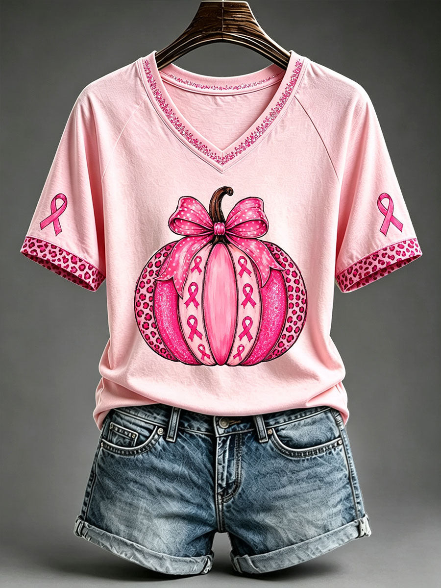 Pink Ribbon Breast Cancer Awareness V-Neck Shirt Ladies Halloween Costumes Best Gift For Her - Gwh