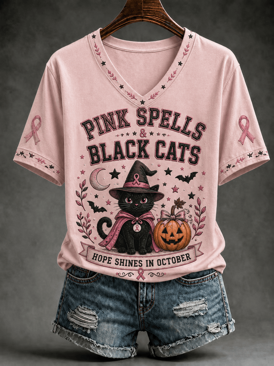 Pink Spells Black Cats Halloween V-Neck Shirt Cute Witchy Kitten Pink Ribbon Clothes Gifts For Bestie - Gwh