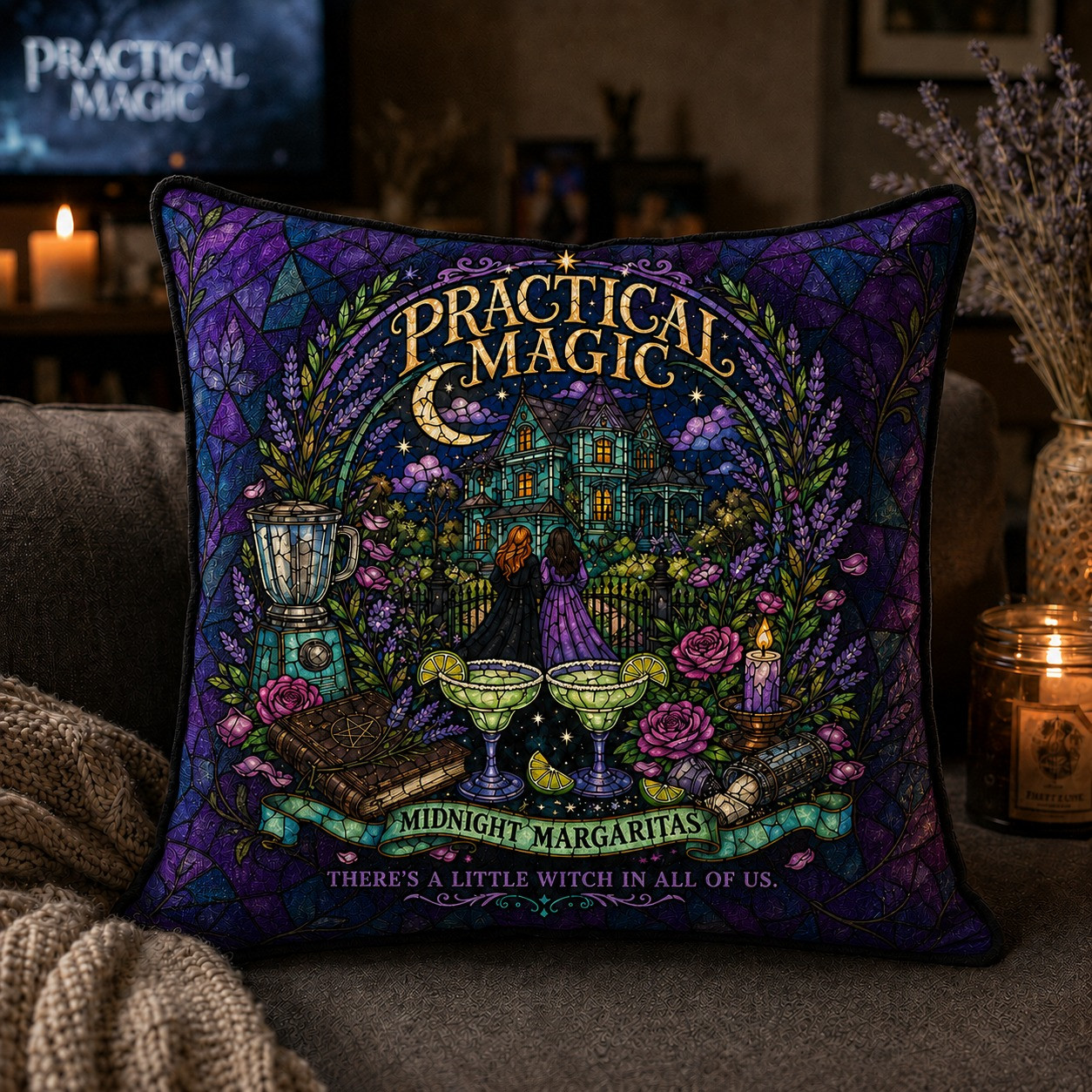 Practical Magic Midnight Margaritas Throw Pillow Owens Sisters Stained Glass Witchy Cushion Gift - GWH