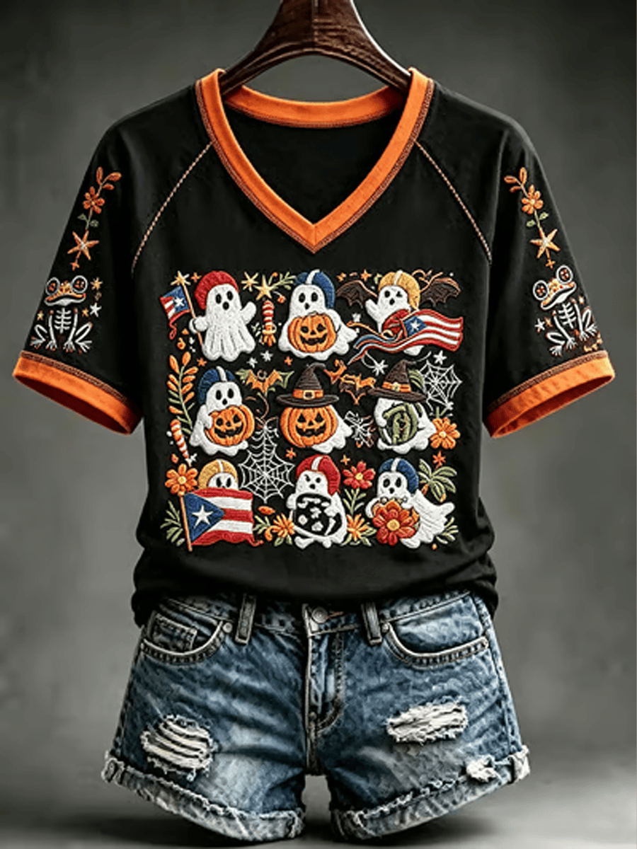 Puerto Rico Flag Halloween Black V-Neck Shirt Halloween Horror Nights Apparel Gift For Horror Lover - Gwh