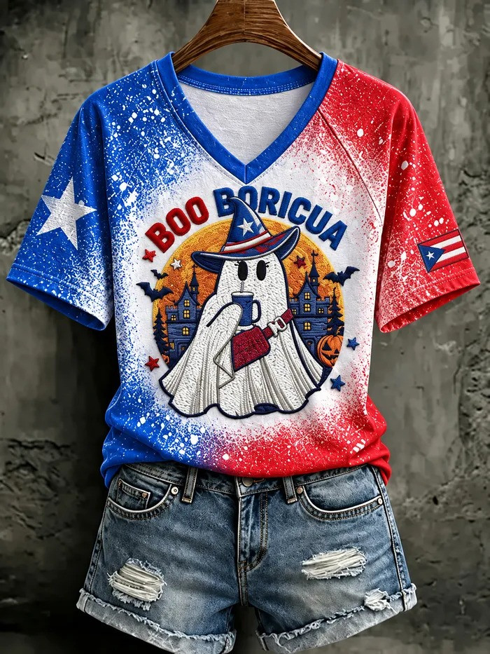 Puerto Rico Pride Halloween Merch Boo Ricua V-neck T-Shirt Cute Halloween Clothing Gifts For Brother - GWH