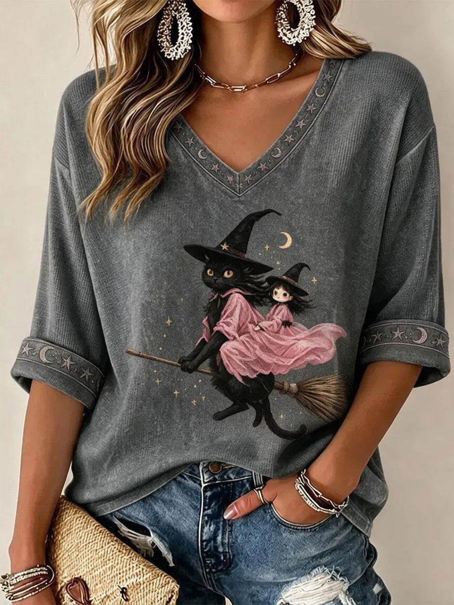 Purple Moon Gothic Cat V-Neck Long Sleeve Shirt Halloween Shirts Women Outfits Gift For Her - Gwh