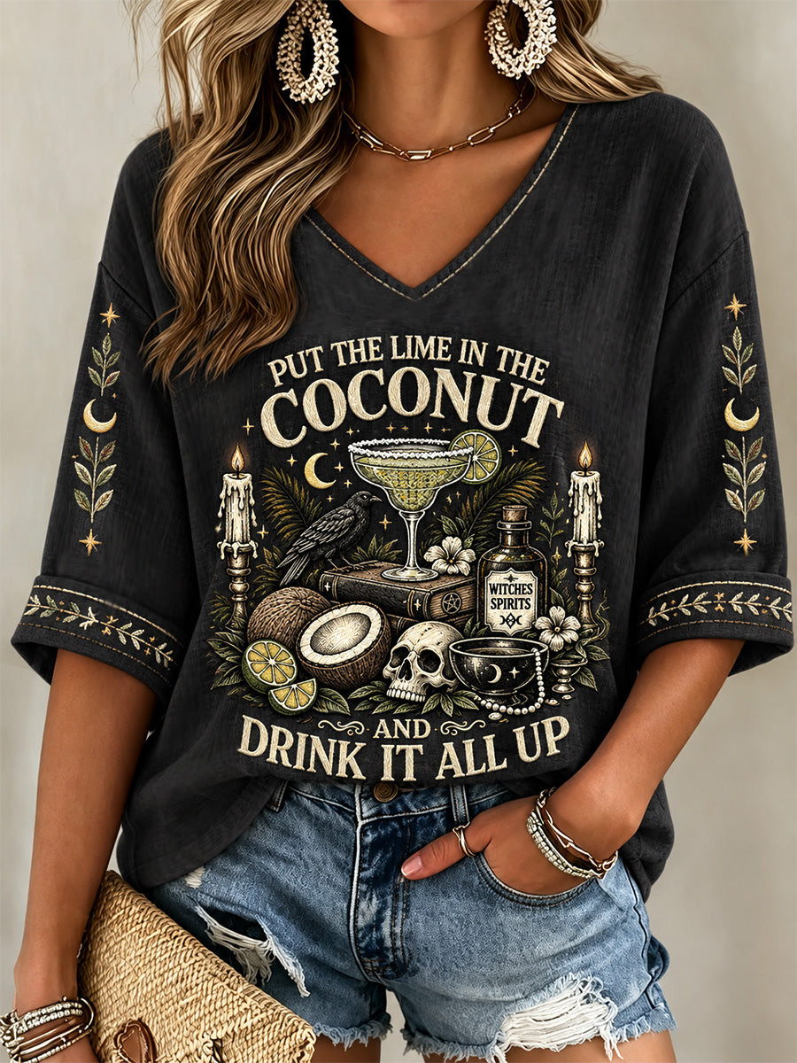Put The Lime In The Coconut Cropped Sleeve V-Neck T-Shirt Cute Puerto Halloween Clothes Gifts For Wife - Gwh