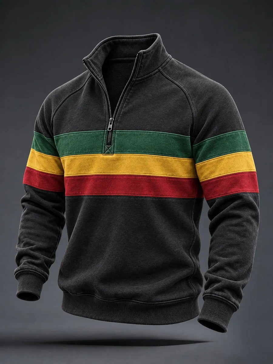 Reggae Inspired Merch Green Yellow Red Striped Half-Zip Sweatshirt Best Gifts For Dad - GWH