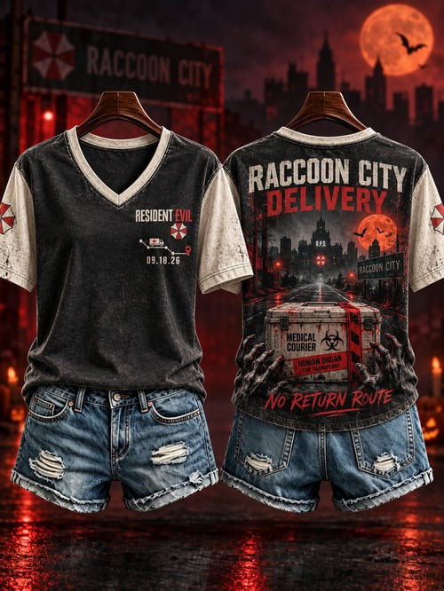 Resident Evil Merch Racoon City Delivery Halloween V-Neck Shirt Halloween Gifts For Gamers - GWH