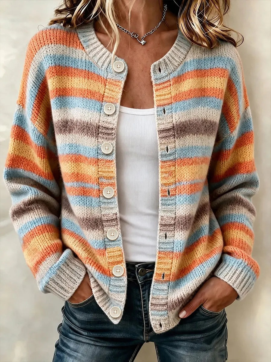 Retro Fall Stripe Cardigan Rustic Cozy Season Apparel Thanksgiving Gifts For Sister - GWH