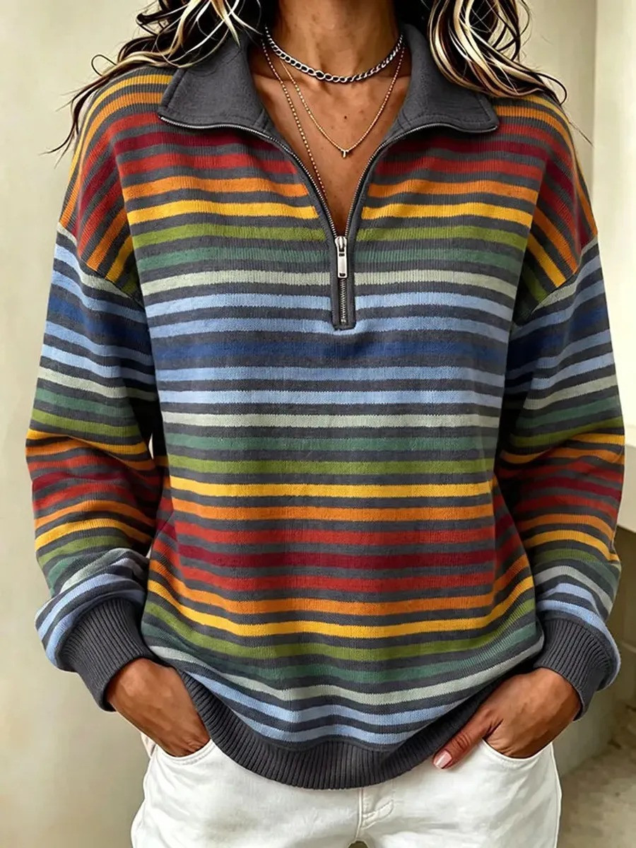 Retro Fall Stripe Zip Sweatshirt Rustic Cozy Season Apparel Thanksgiving Gifts For Mom - GWH