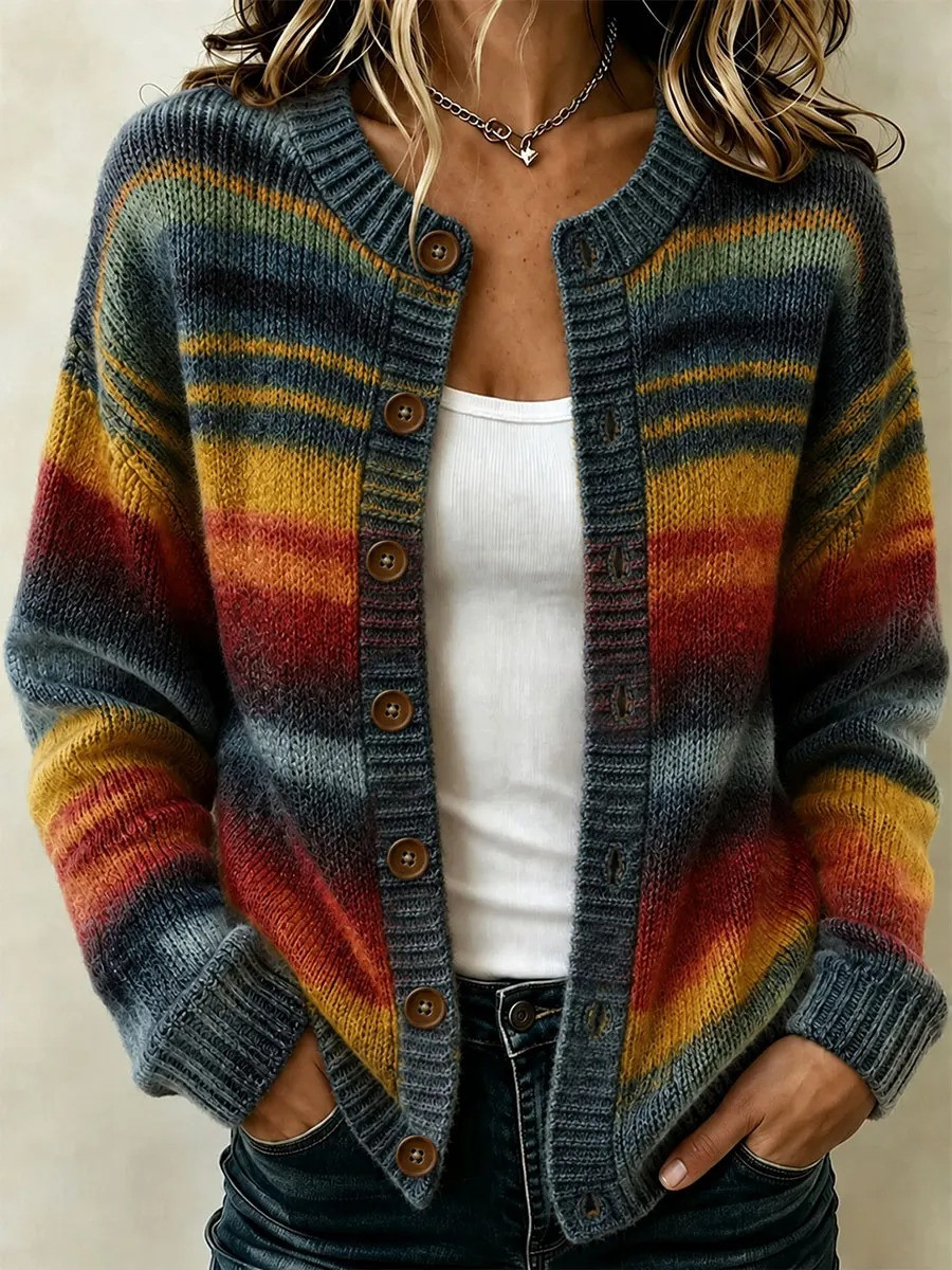 Retro Striped Cardigan Cozy Fall Cardigan Thanksgiving Gifts For Girlfriend - GWH