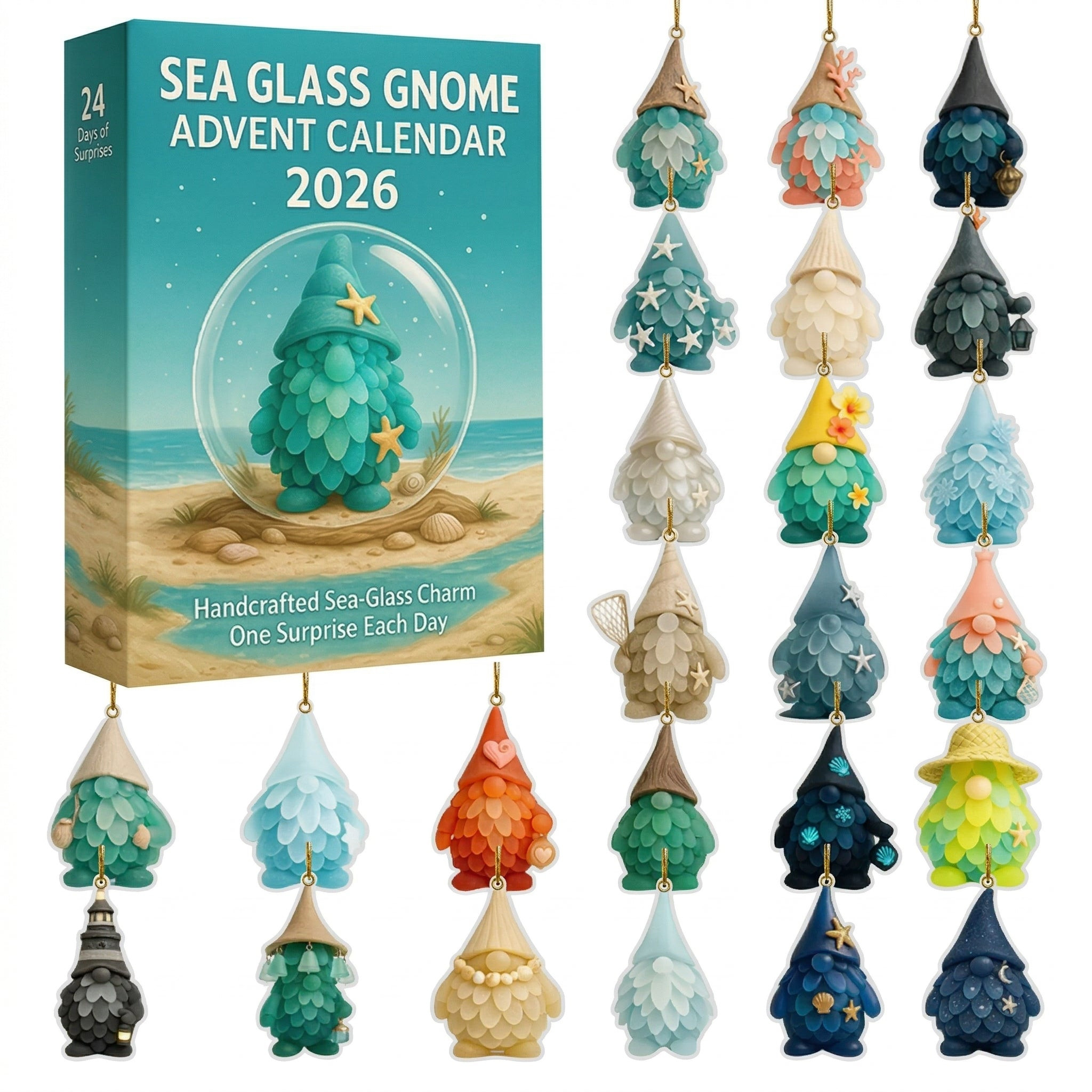 Sea Glass Gnome Advent Calendar 2026 24 Ornaments Christmas Countdown Gift For Friend - GWH