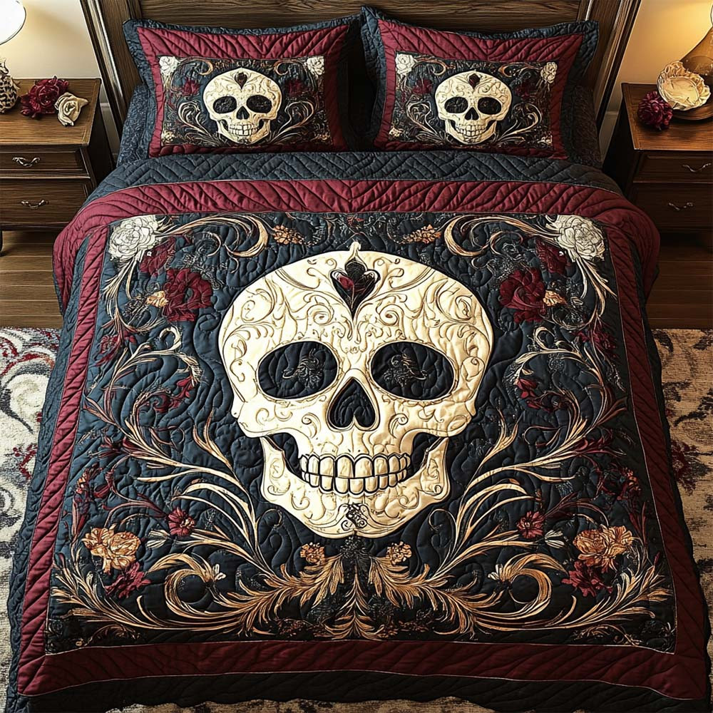 Shadowed Roses Skull Quilted Bedding Set Day Of The Dead Home Decoration Halloween Gifts - GWH