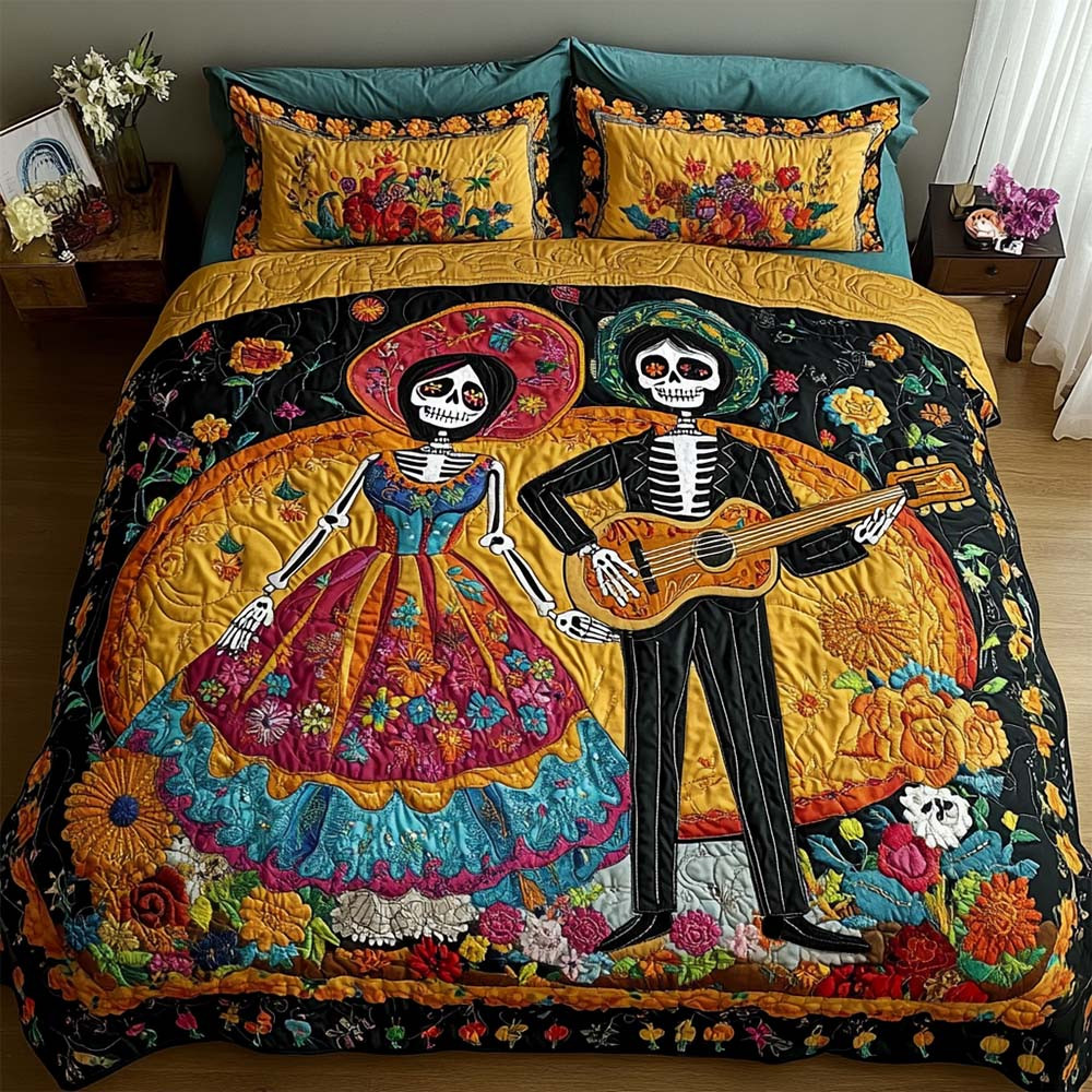 Skull Dance Quilted Bedding Set Day Of The Dead Bedroom Decoration Gift For Couple - GWH