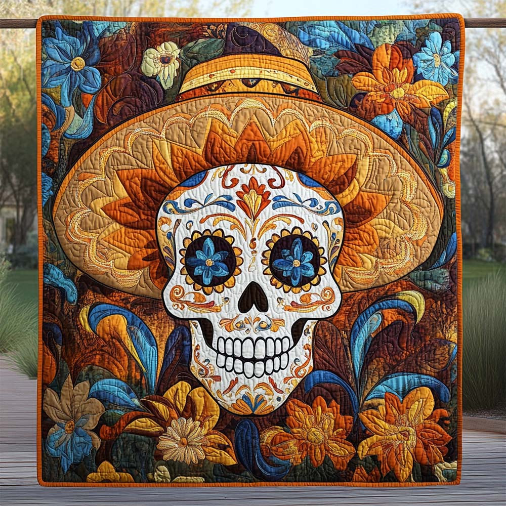 Skull In Bloom Quilted Blanket Floral Day Of The Dead Home Decor Gift For Holiday - GWH