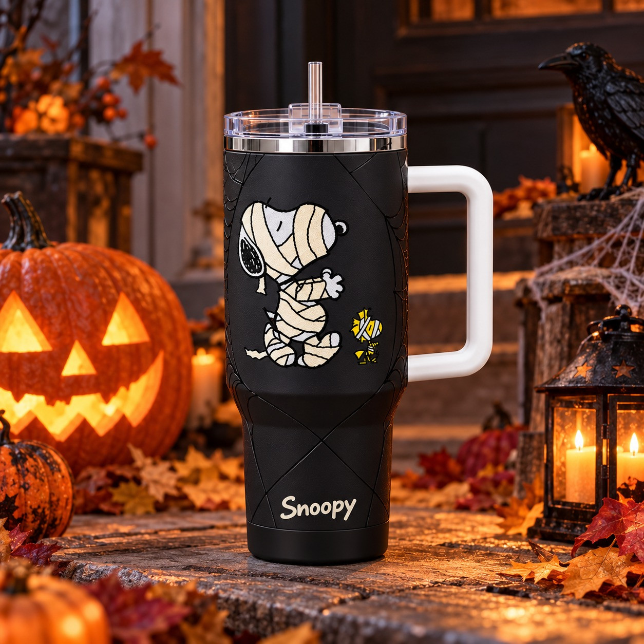 Snoopy Mummy Halloween 2026 Tumbler Handle Spooky Travel Mug Gift For Son - GWH
