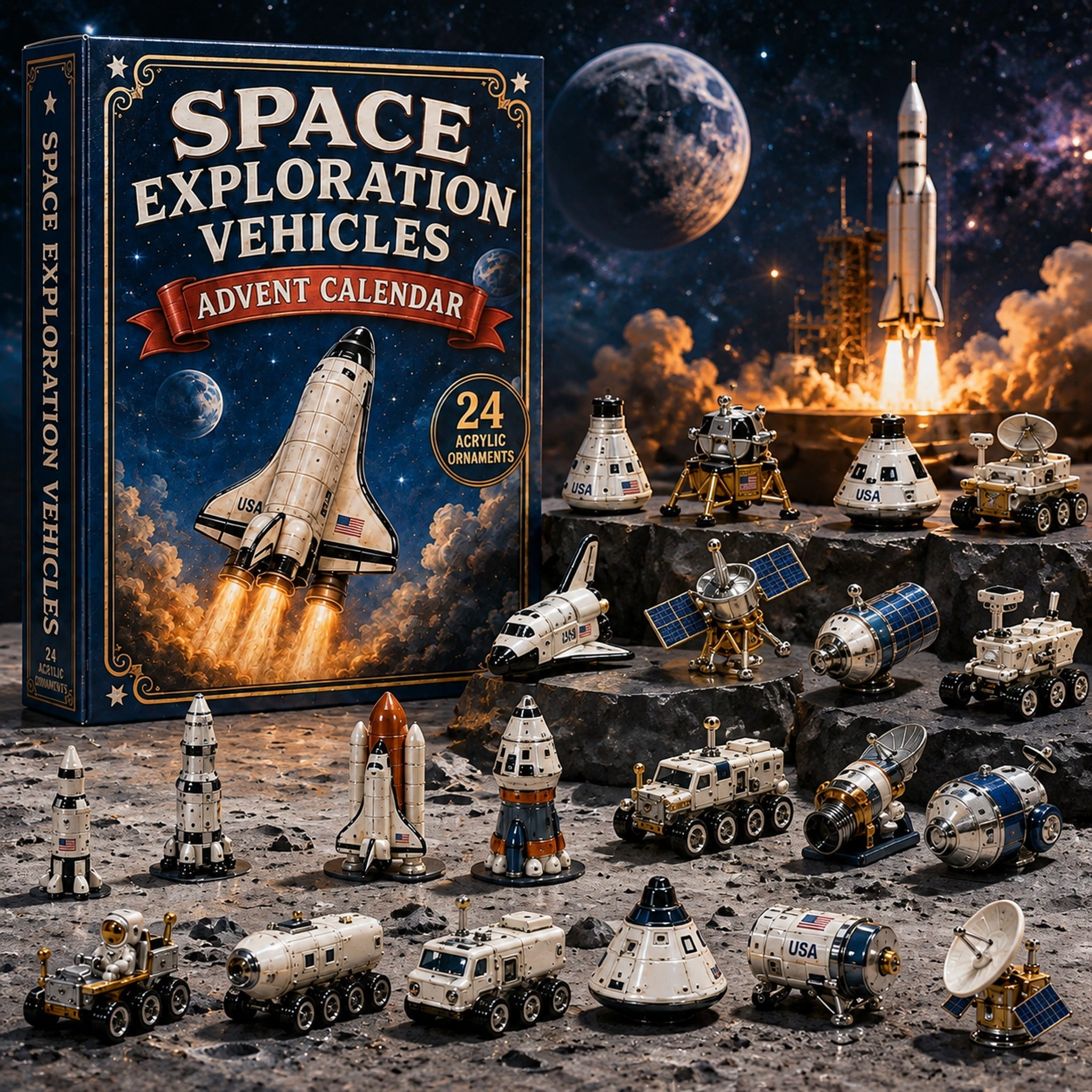 Space Exploration Vehicles Advent Calendar 2026 24 Ornaments Christmas Countdown Xmas Gift - GWH