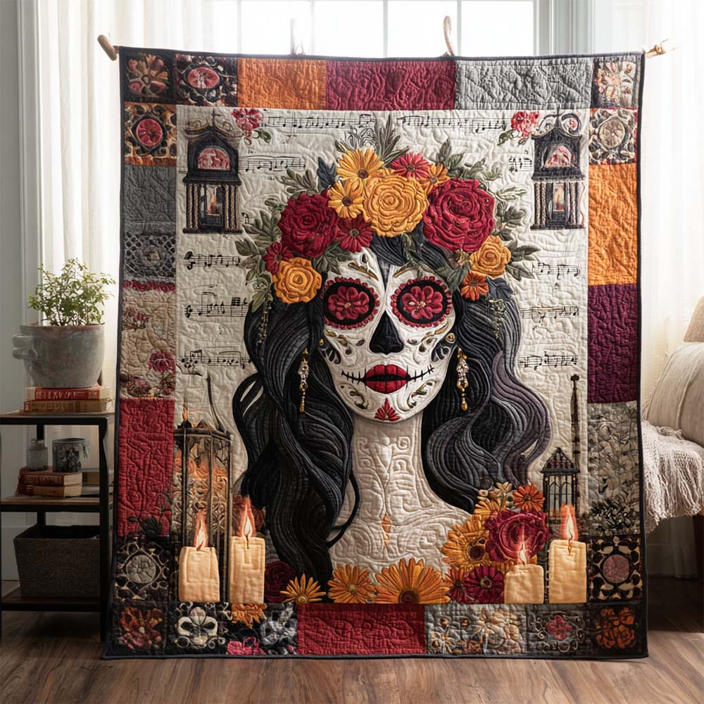 Sugar Skull Serenade Quilted Blanket Floral Day Of The Dead Home Decoration - GWH