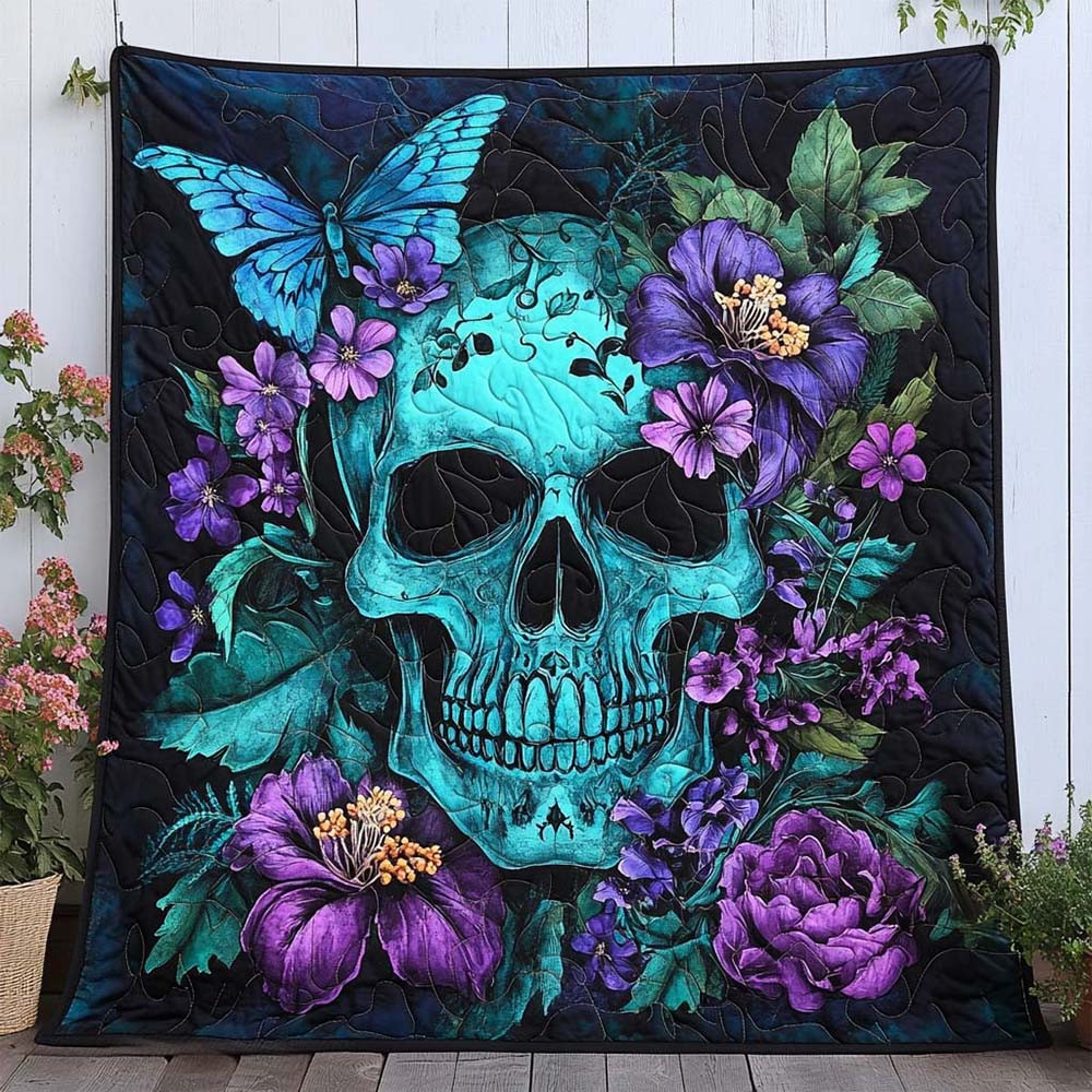 Teal Spirit Skull Quilted Blanket Floral Day Of The Dead Home Decor - GWH