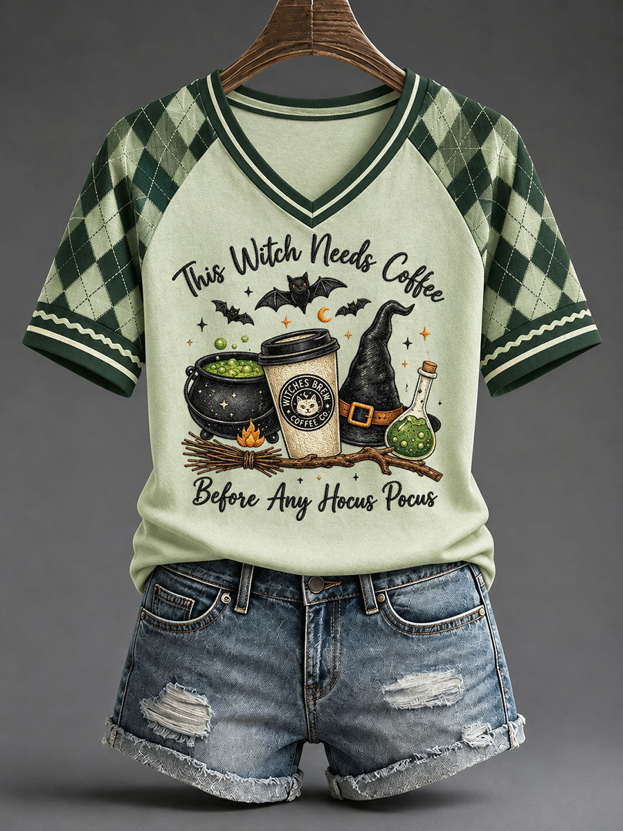 This Witch Needs Coffee V-Neck Shirt Halloween Horror Nights Apparel Funny Autumn Gifts - Gwh