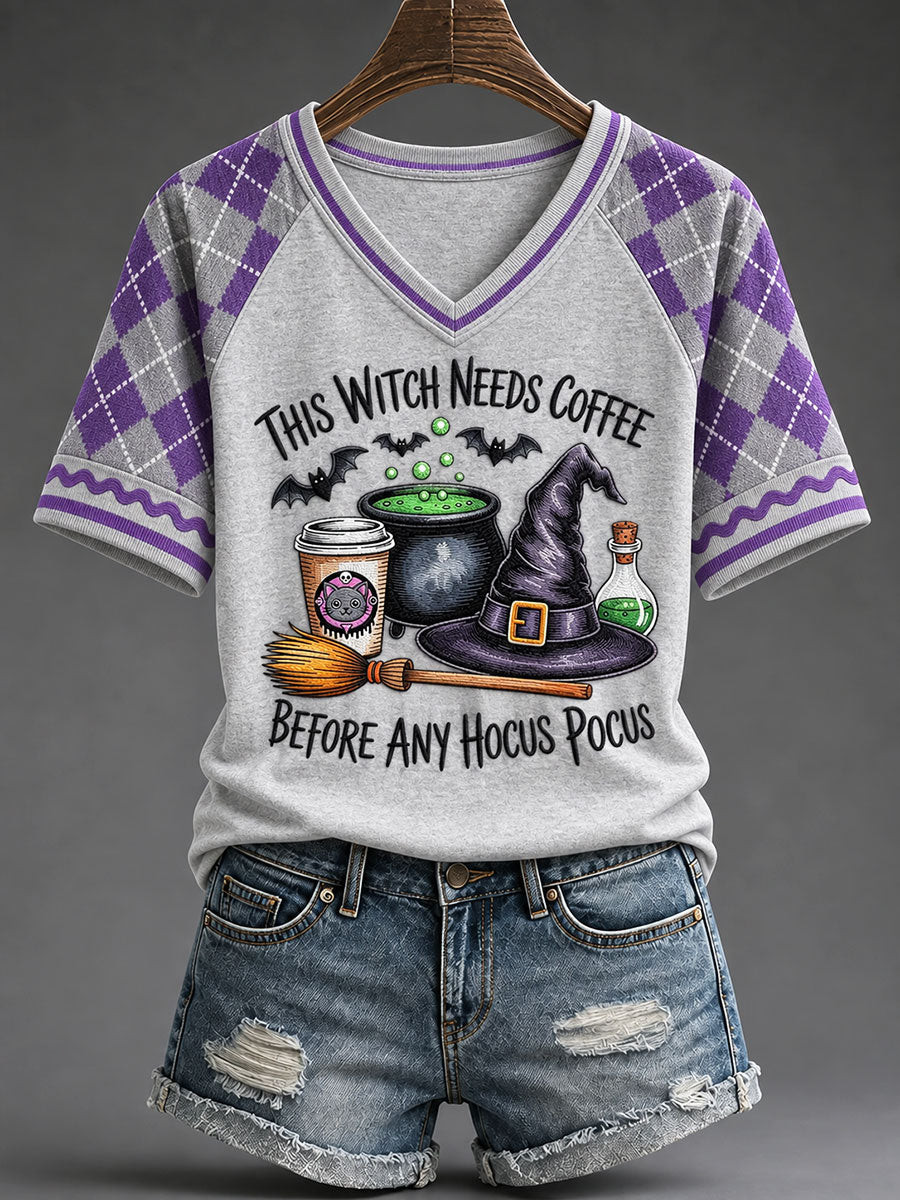 This Witch Needs Coffee V-Neck Shirt Halloween Horror Nights Apparel Gifts For Friends - Gwh