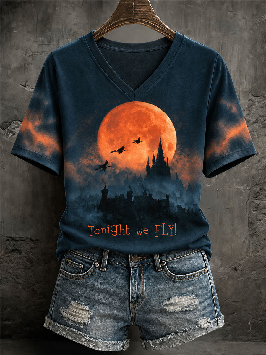 Tonight We Fly Full Moon Witch Flight V-Neck Shirt Halloween Horror Nights Apparel Gift For Her - Gwh