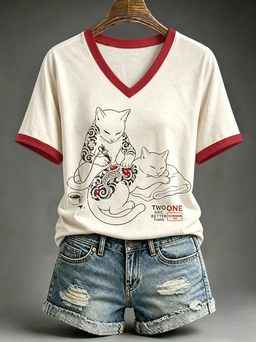 Two Are Better Than One V-Neck T-Shirt Cute Cat Apparel Gift For Women - Gwh