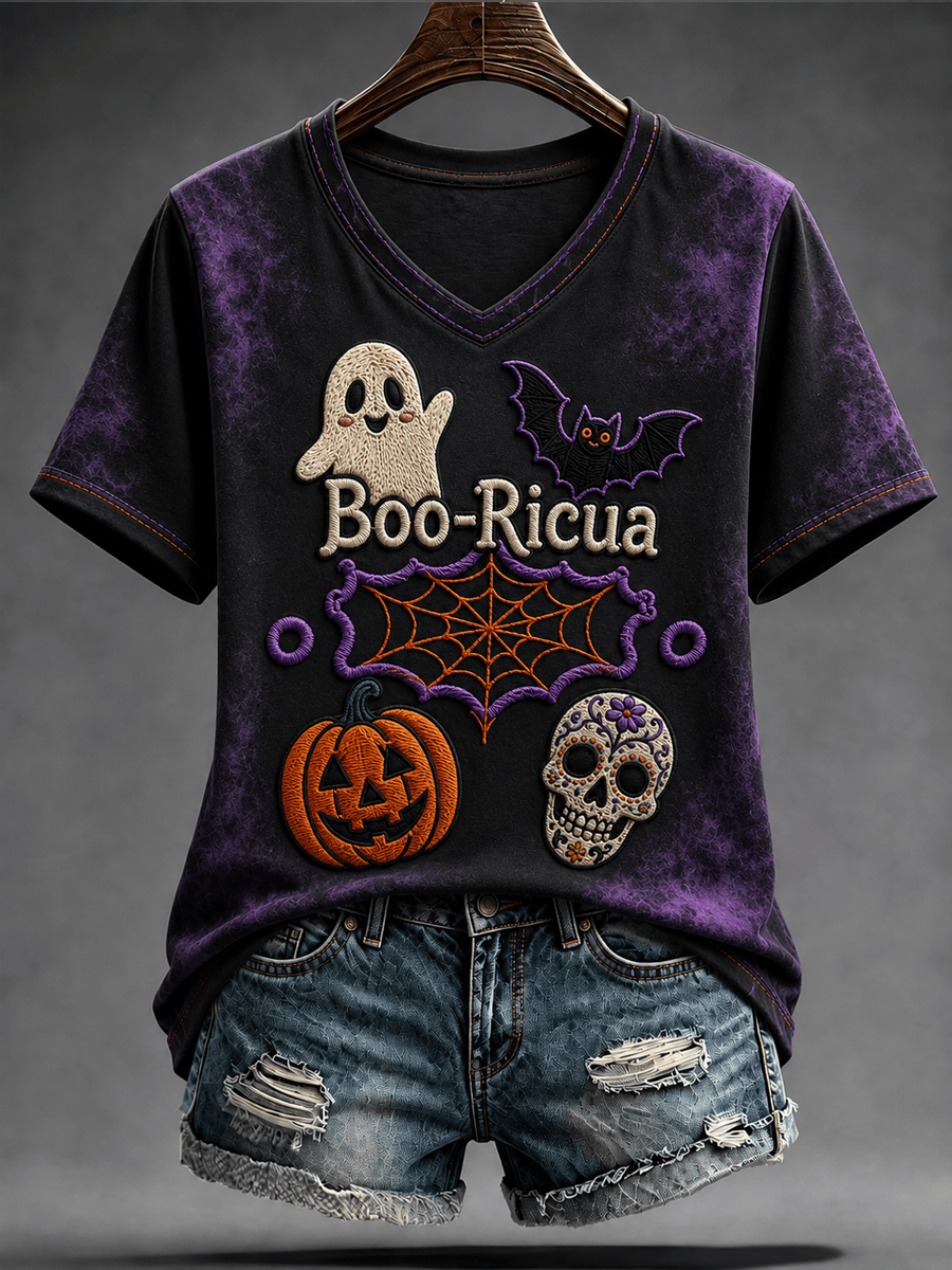 Vintage Booricua Ghost Halloween V-Neck Shirt Spooky Squad Monster Apparel Presents For Her - Gwh