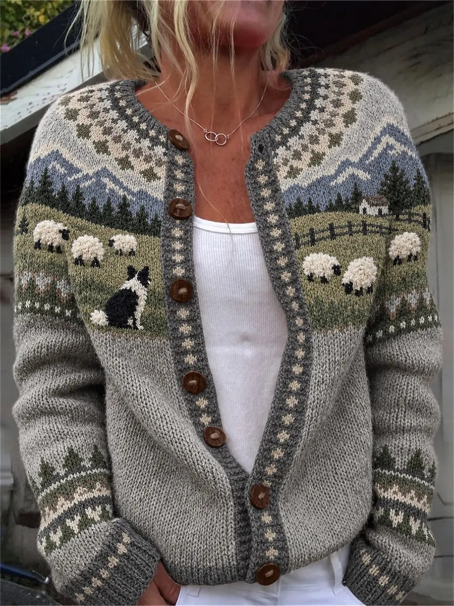 Vintage Border Collie Sheep Landscape Yoke Isle Cardigan Winter Apparel Gifts For Dog Lovers - GWH