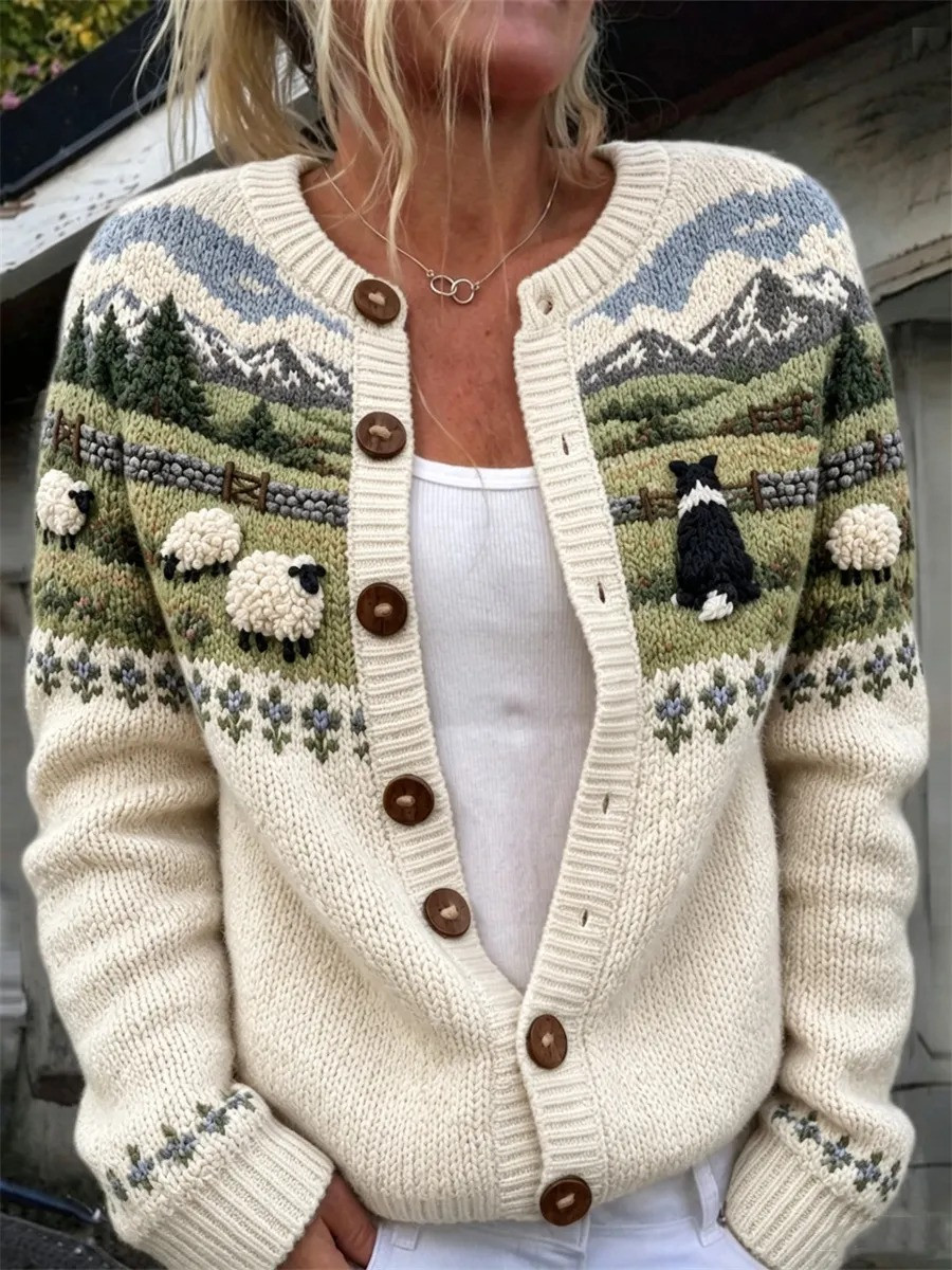 Vintage Border Collie Sheep Landscape Yoke Isle Cardigan Xmas Outfits Gifts For Dog Lovers - GWH