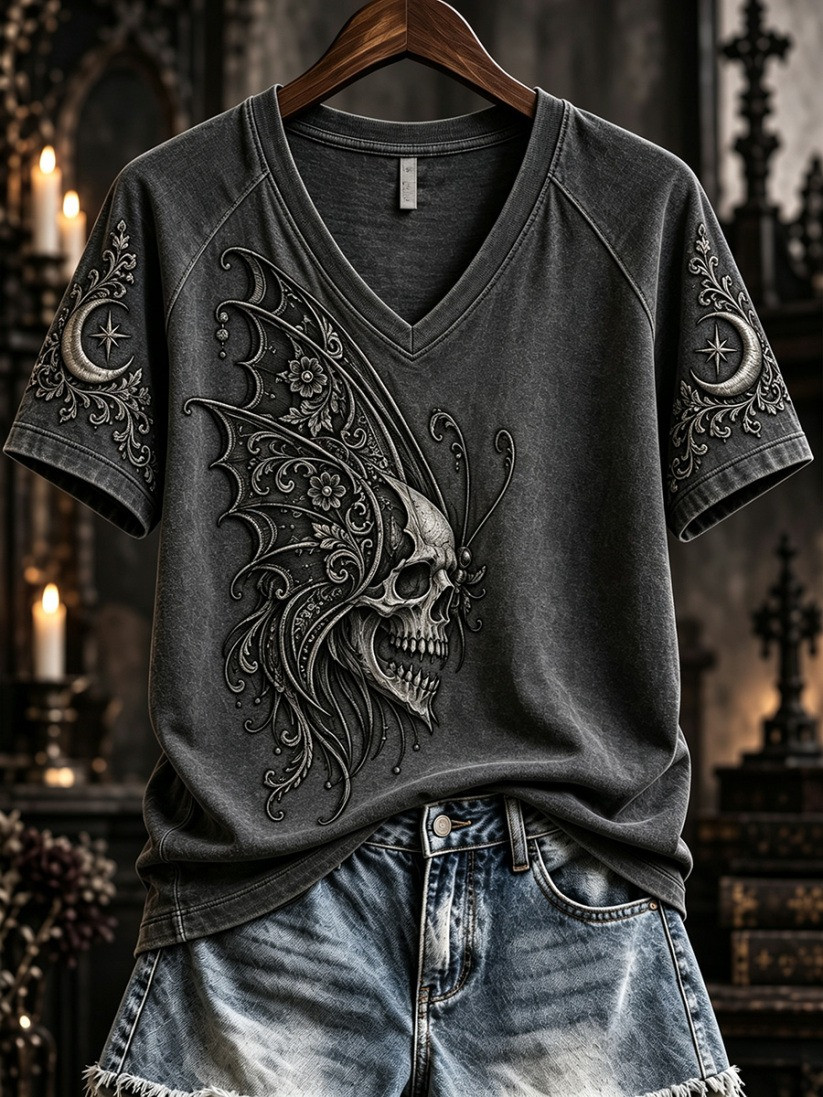 Vintage Gothic Skull Butterfly V-Neck T-Shirt Halloween Ideas For Gifts - GWH