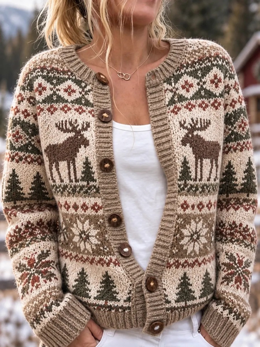Vintage Moose Fair Isle Cardigan Christmas Winter Apparel Gifts For Women - GWH