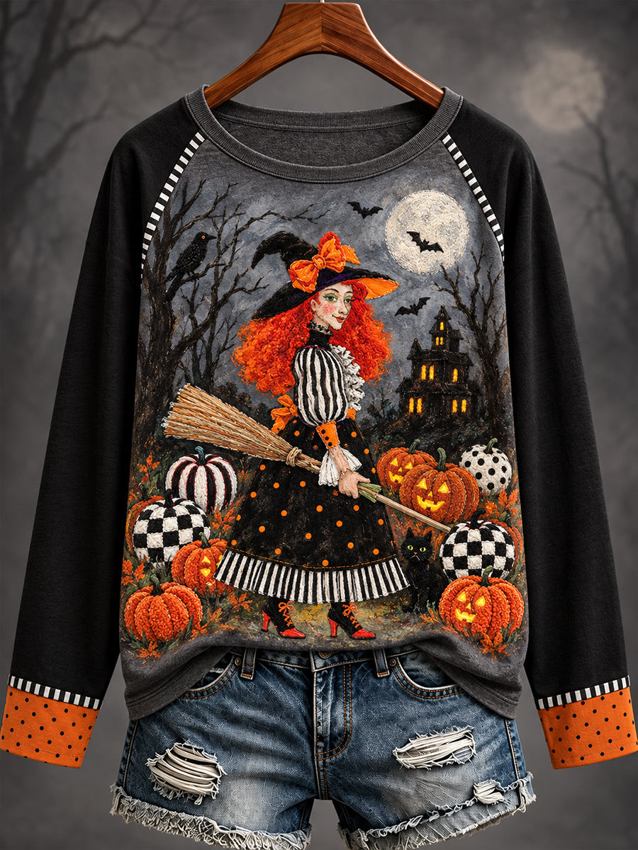 Vintage Witch Pumpkin Patch Halloween Long Sleeve Shirt Spooky Night Magic Apparel Women's Clothes Good Halloween Outfits - Gwh