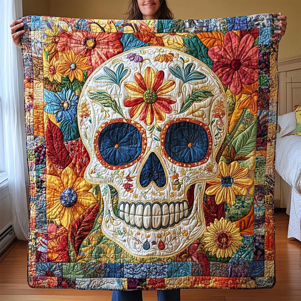 Vivid Floral Skull Quilted Blanket Floral Day Of The Dead Home Decor Gift Ideas - GWH