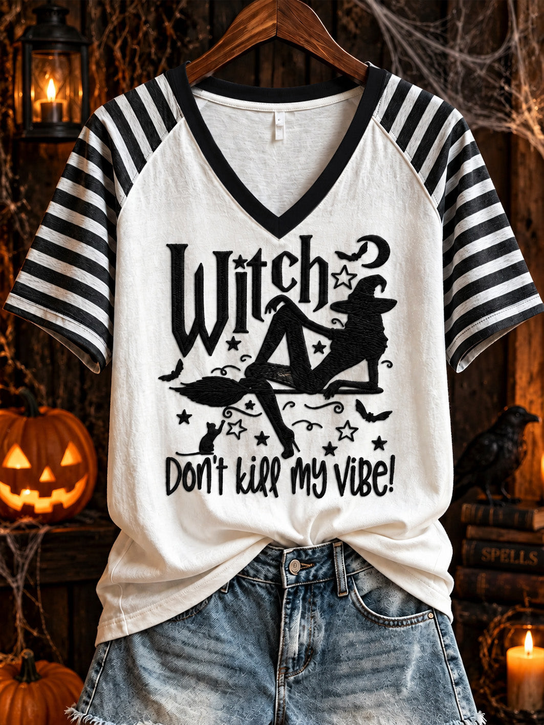Witch Don't Kill My Vibe V-Neck Shirt Spooky Halloween Gift For Girlfriend - Gwh