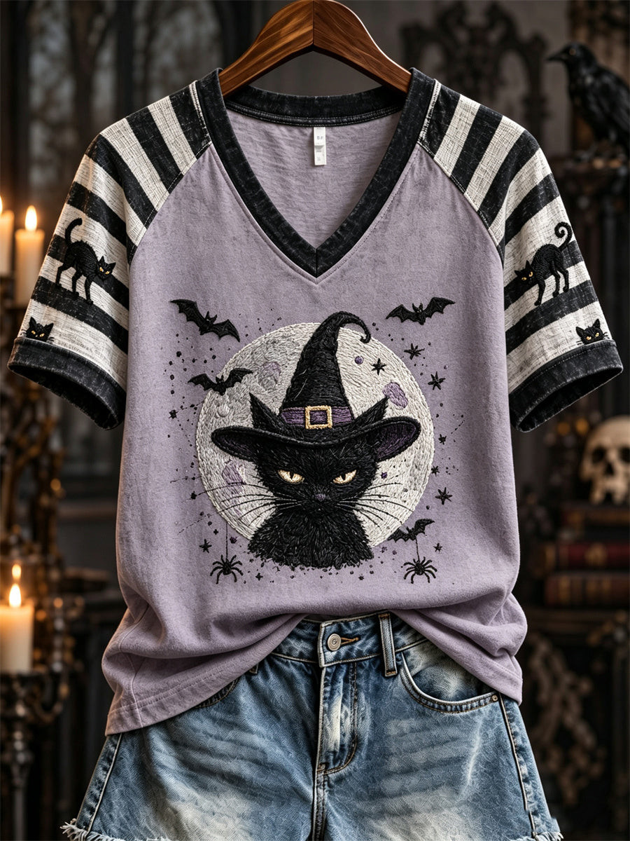 Witch Hat Halloween V-Neck Shirt Striped Gothic Clothing Gift For Her - Gwh