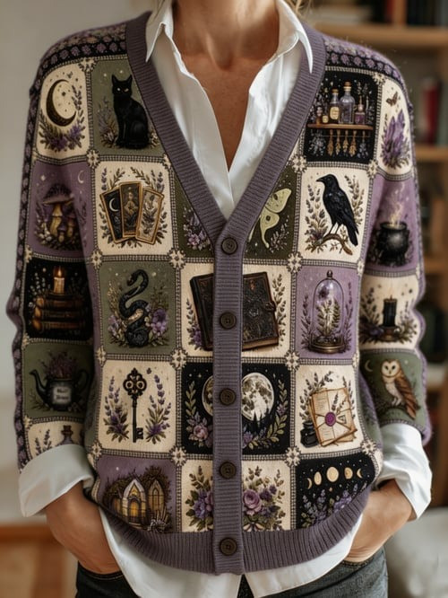 Witch Patchwork Quilt Style Cardigan Aesthetic Witchcore Aesthetic Apparel Gifts Ideas - Gwh