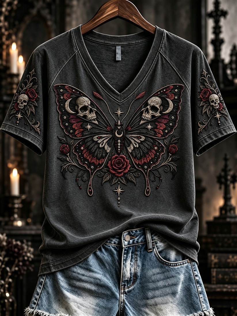 Women's Gothic Skull Butterfly V-Neck T-Shirt Halloween Ideas For Gifts - GWH